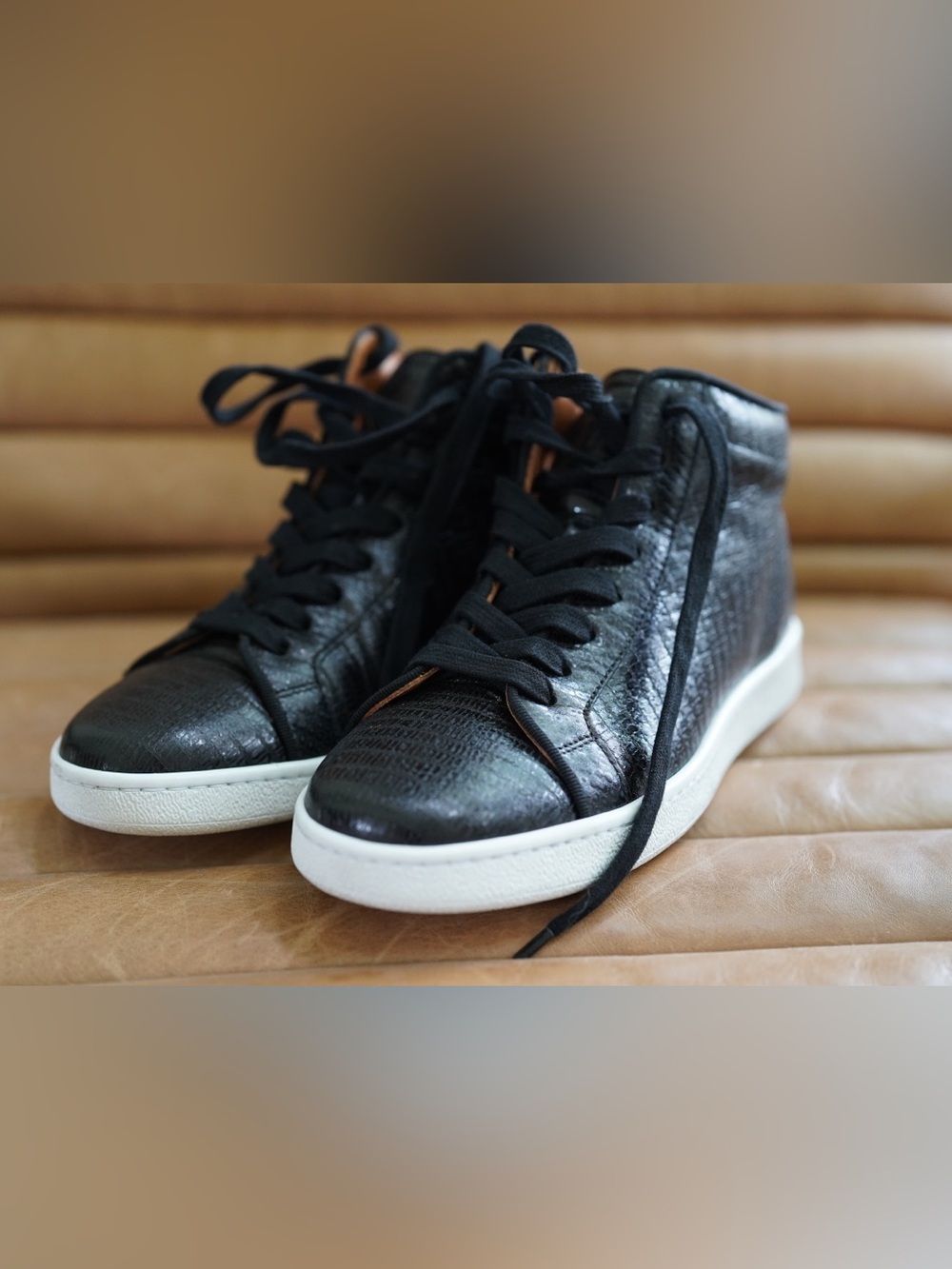 Frye Black Textured Leather High-Top Sneakers with White Soles